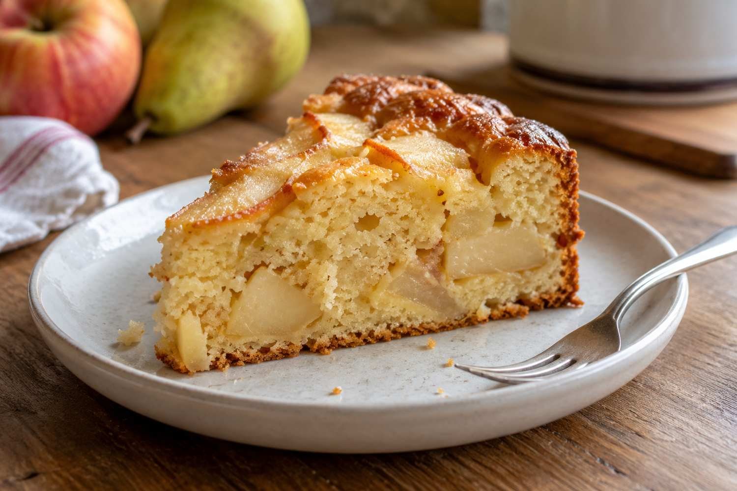 Una fetta di ciambellone su un piatto con forchetta mostra la mollica soffice con pezzi di mela e pera