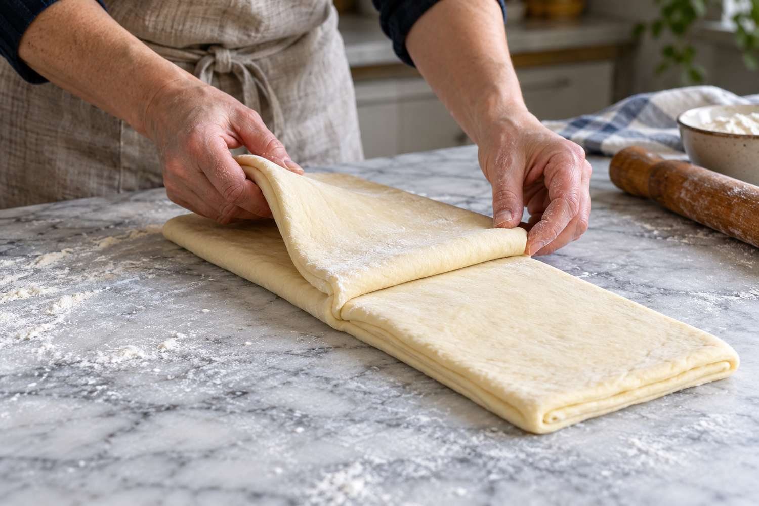 Due mani ripiegano in tre una striscia di pasta stesa sul piano di lavoro