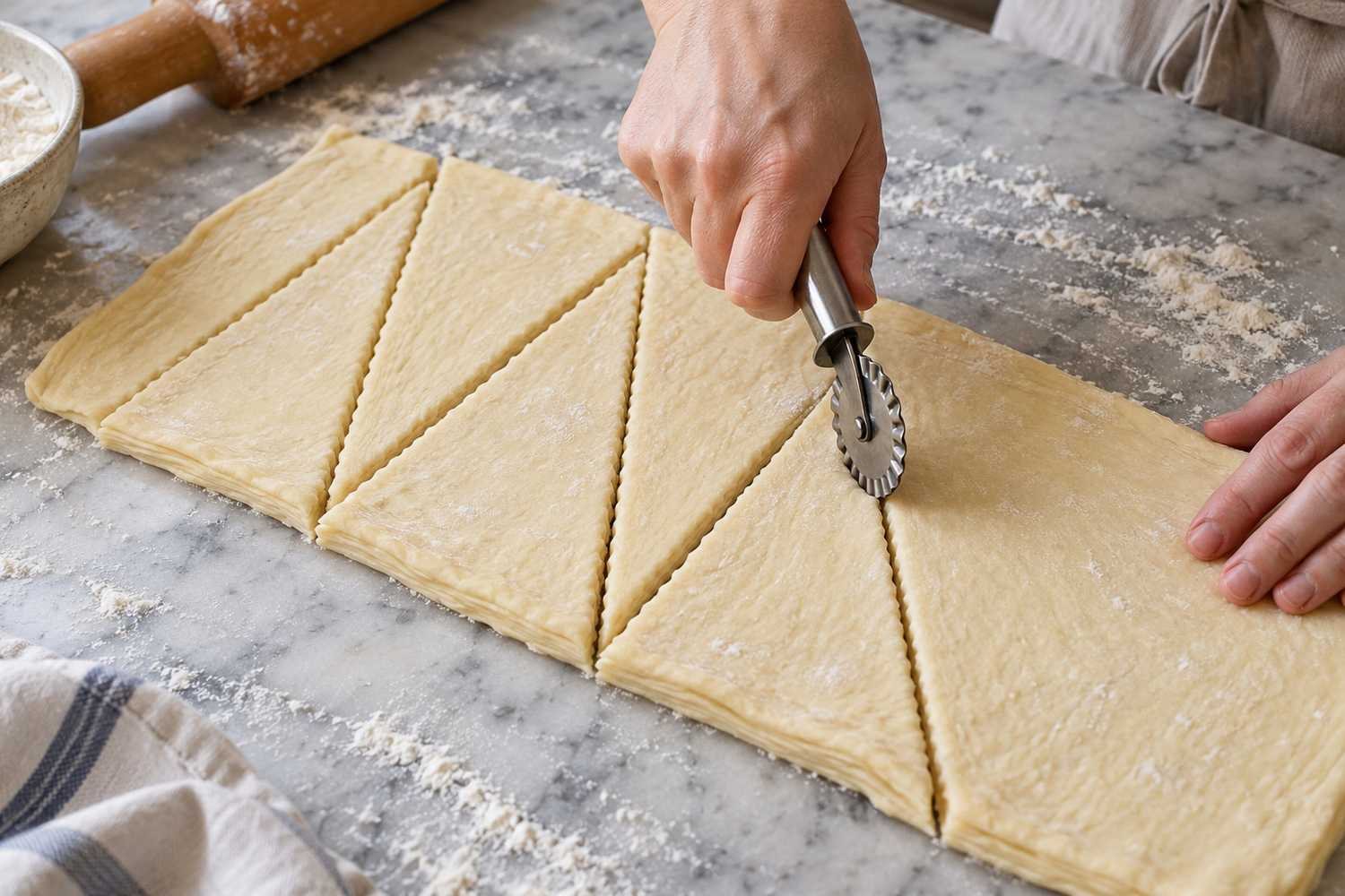 Una rotella tagliapasta divide una sfoglia stesa in triangoli allungati