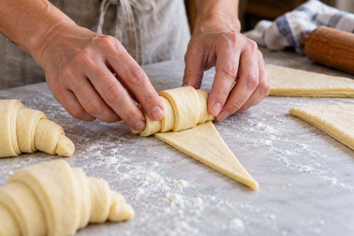 Le mani arrotolano un triangolo di pasta dalla base verso la punta