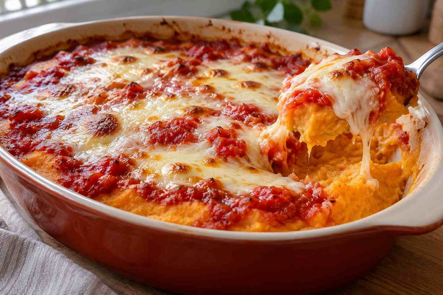 Crema di patate e carote al forno con pomodoro e mozzarella