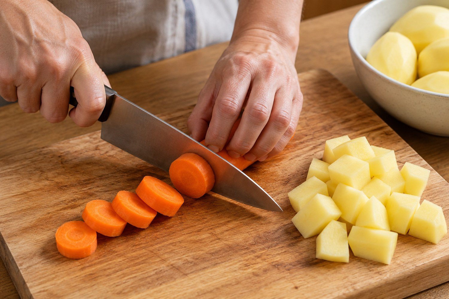 Due mani tagliano una carota a rondelle con un coltello su un tagliere di legno, accanto a un mucchietto di patate tagliate a cubetti