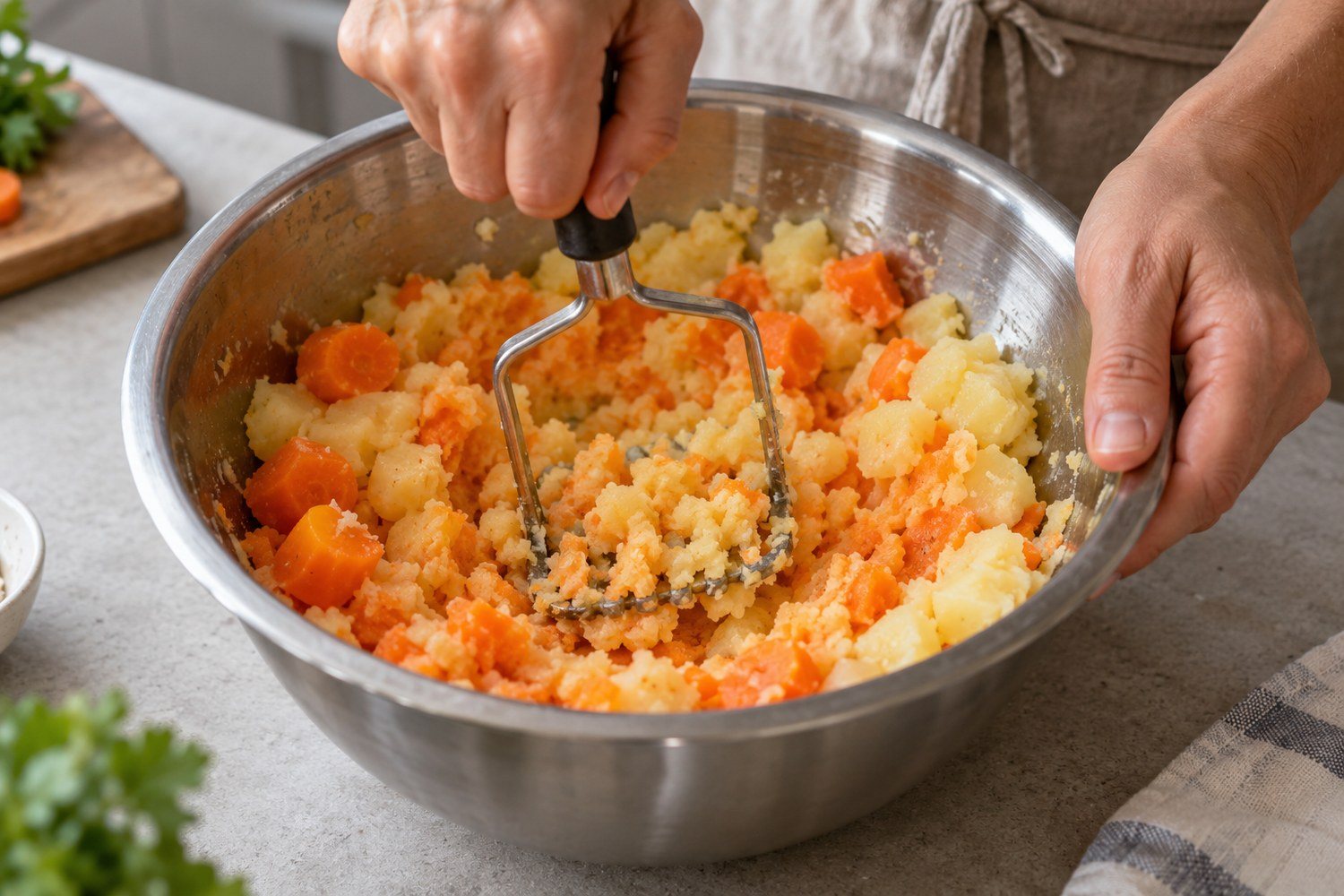 Uno schiacciapatate manuale schiaccia patate e carote cotte in una ciotola d'acciaio