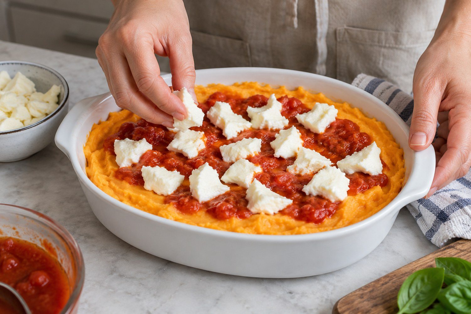 Due mani dispongono pezzetti di mozzarella sulla salsa di pomodoro che copre la crema arancione in una pirofila ovale bianca