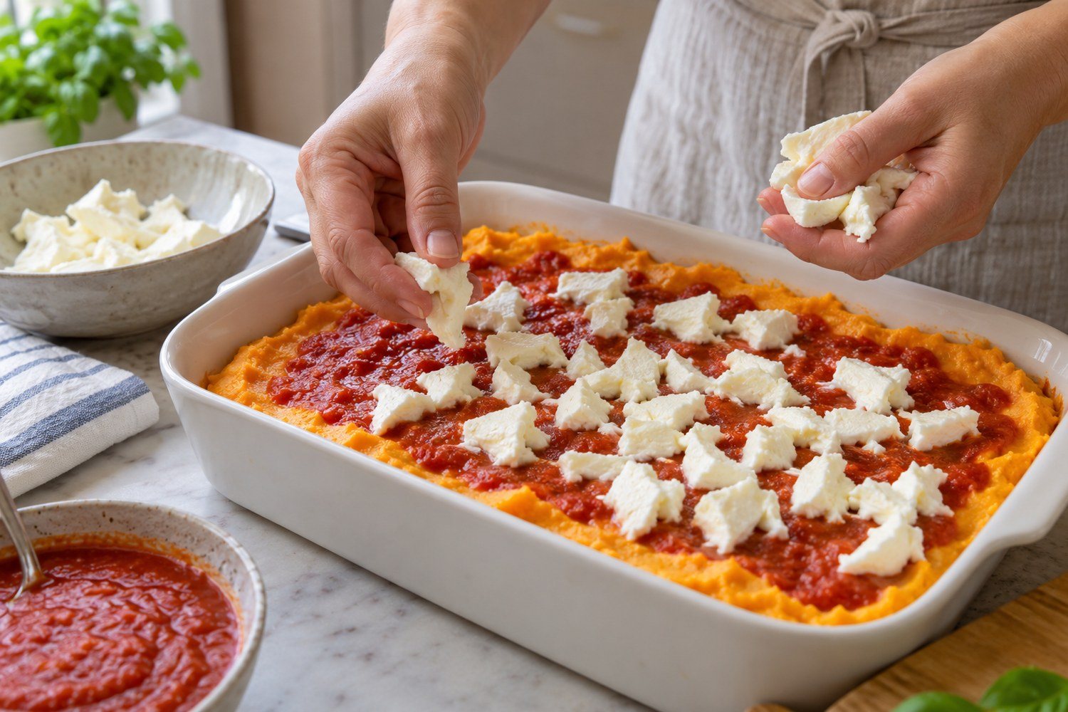 Due mani distribuiscono pezzetti di mozzarella sulla crema ricoperta di pomodoro in una pirofila rettangolare bianca, con una ciotola di salsa accanto