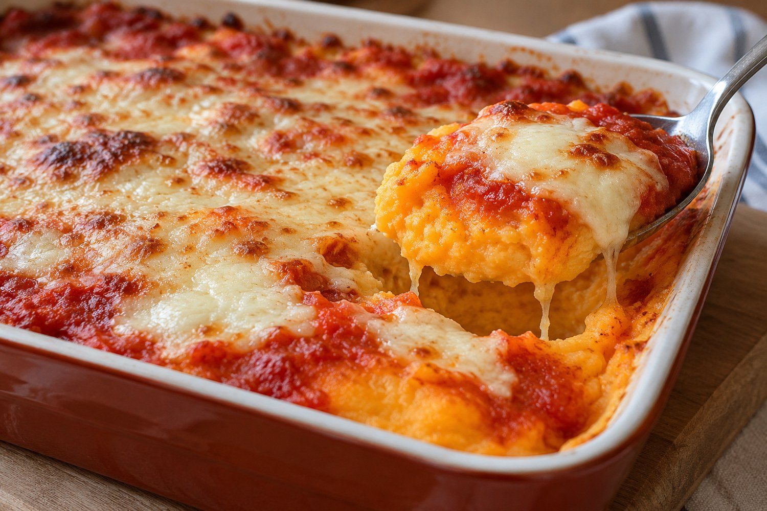 Un cucchiaio solleva una porzione dalla teglia, mostrando la crema arancione sotto il pomodoro e la mozzarella gratinata che fila