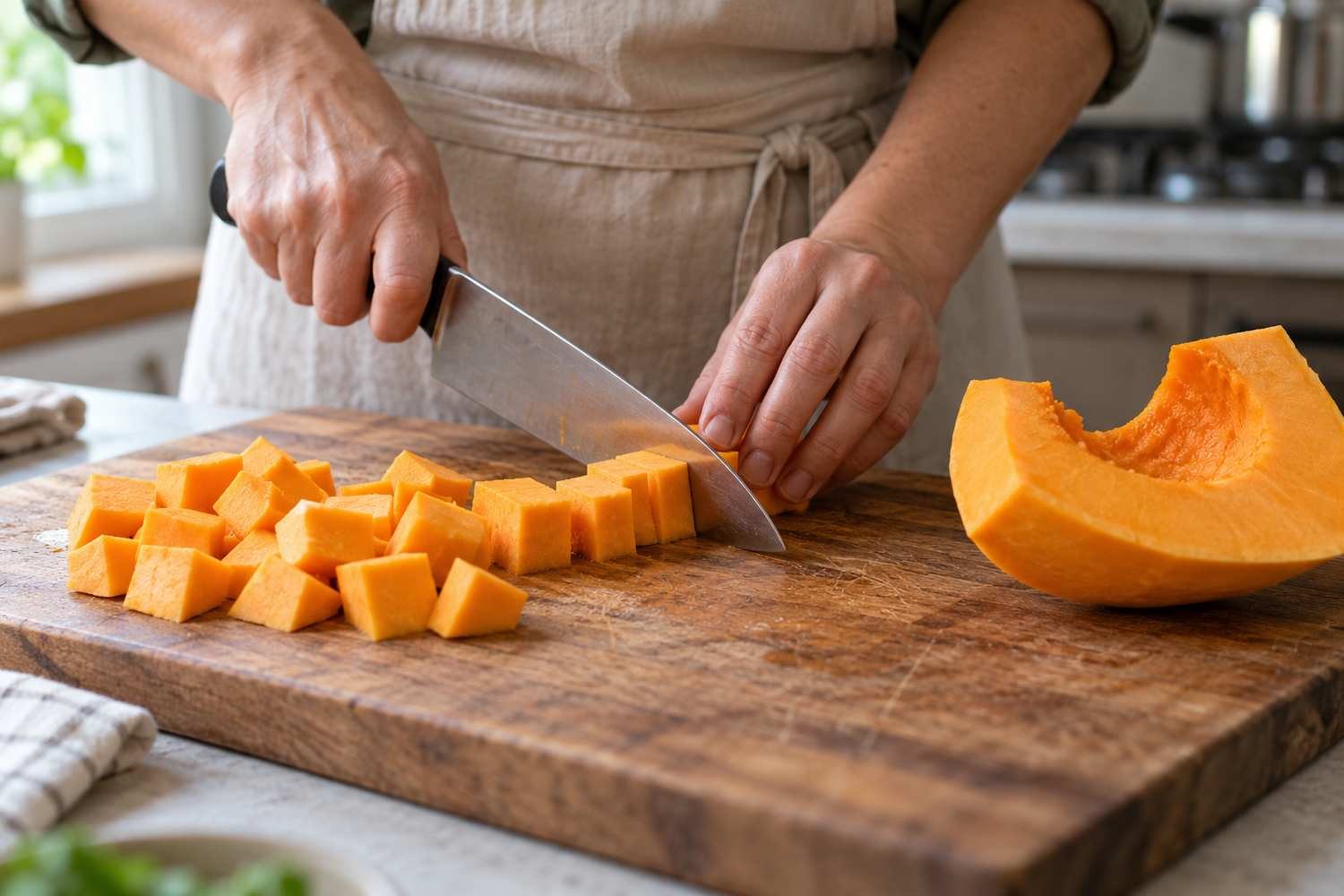 Un coltello taglia a cubetti la zucca sbucciata su un tagliere di legno