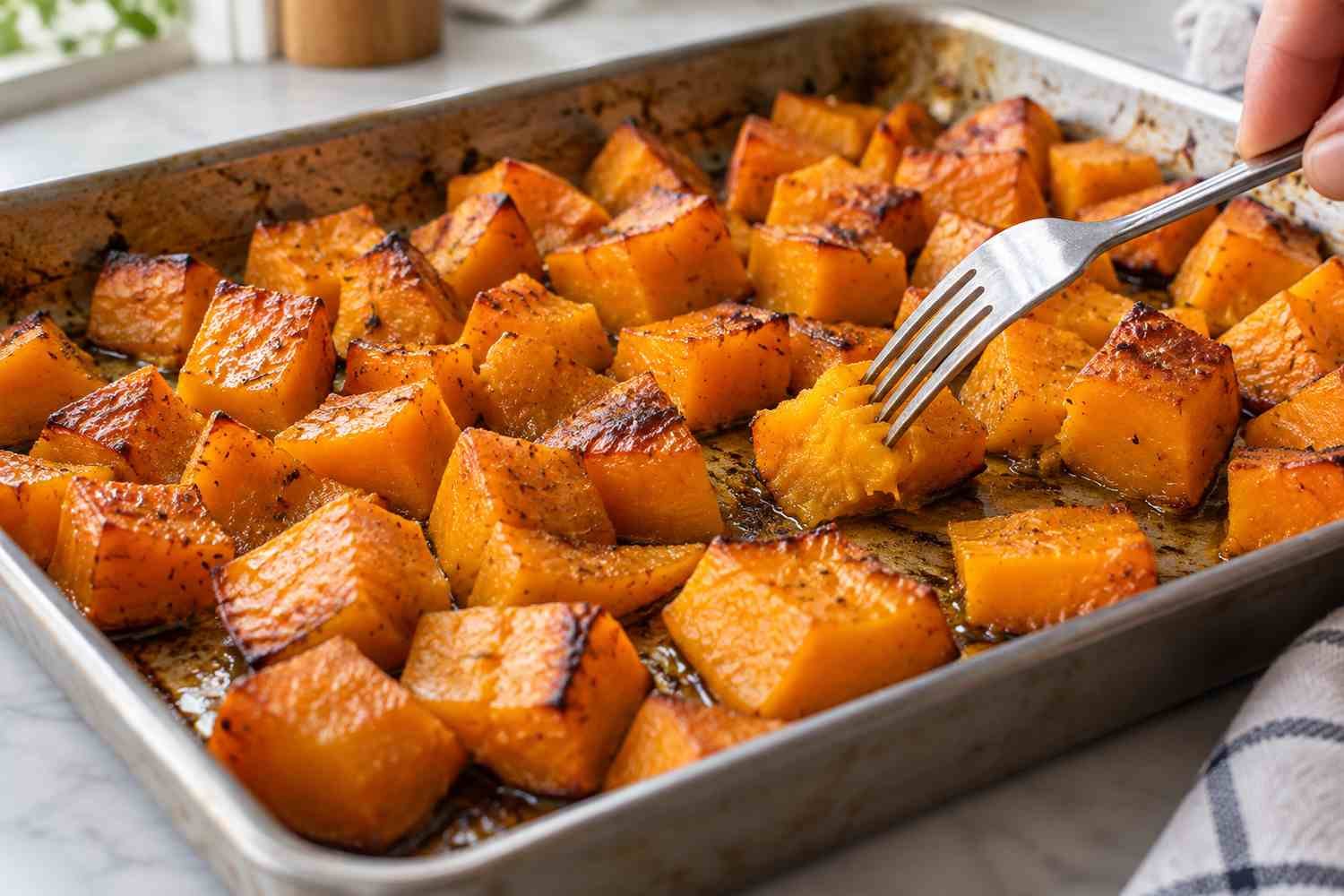Una forchetta infilza un cubetto di zucca arrostita dai bordi dorati nella teglia