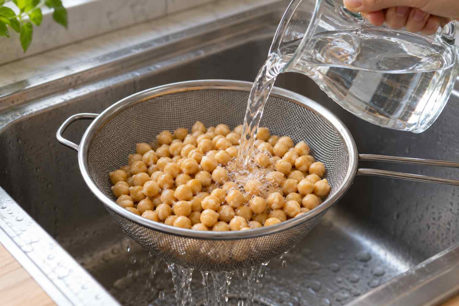 Una brocca versa acqua sui ceci cotti raccolti in un colino sopra il lavello