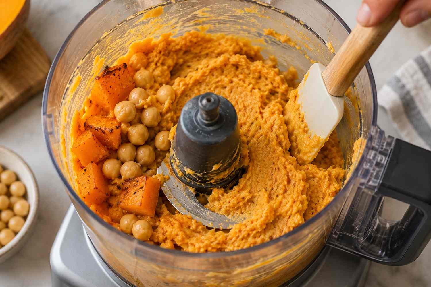 Zucca e ceci frullati in una crema arancione densa dentro il robot da cucina