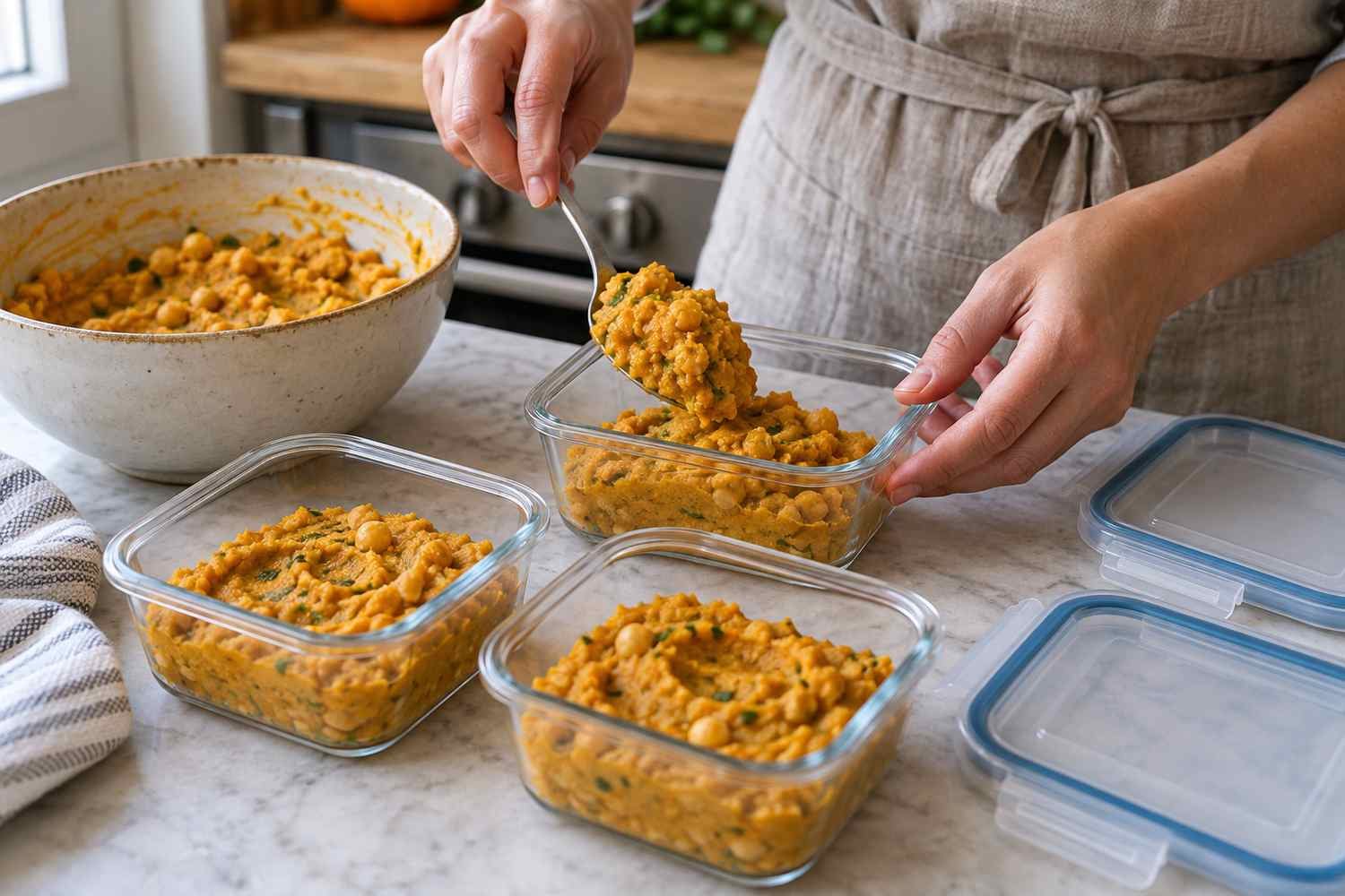Crema di zucca e ceci suddivisa in piccoli contenitori alimentari con i coperchi accanto