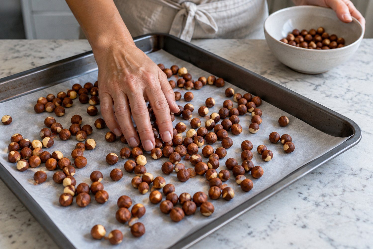 Una mano distribuisce nocciole sgusciate in un solo strato su una teglia con carta da forno