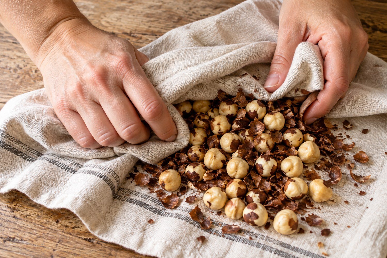 Due mani strofinano nocciole tostate dentro un canovaccio da cucina