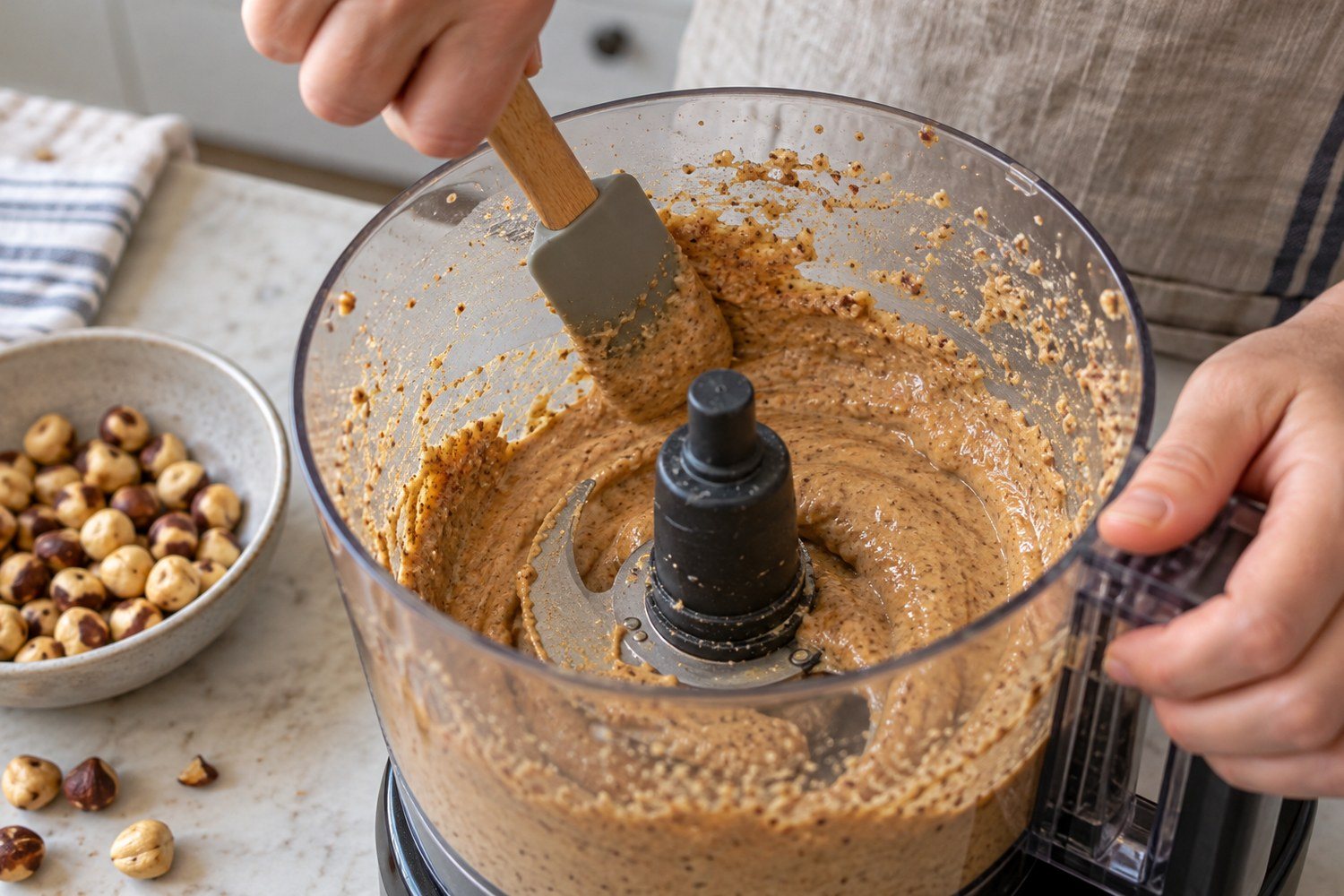 Una spatola raccoglie la pasta di nocciole dalle pareti del recipiente di un robot da cucina