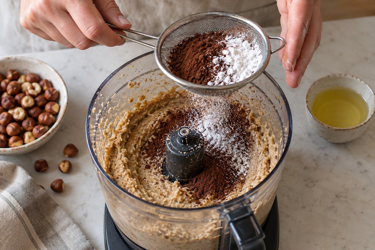 Cacao e zucchero a velo setacciati sulla pasta di nocciole nel robot aperto, con una ciotolina d'olio accanto