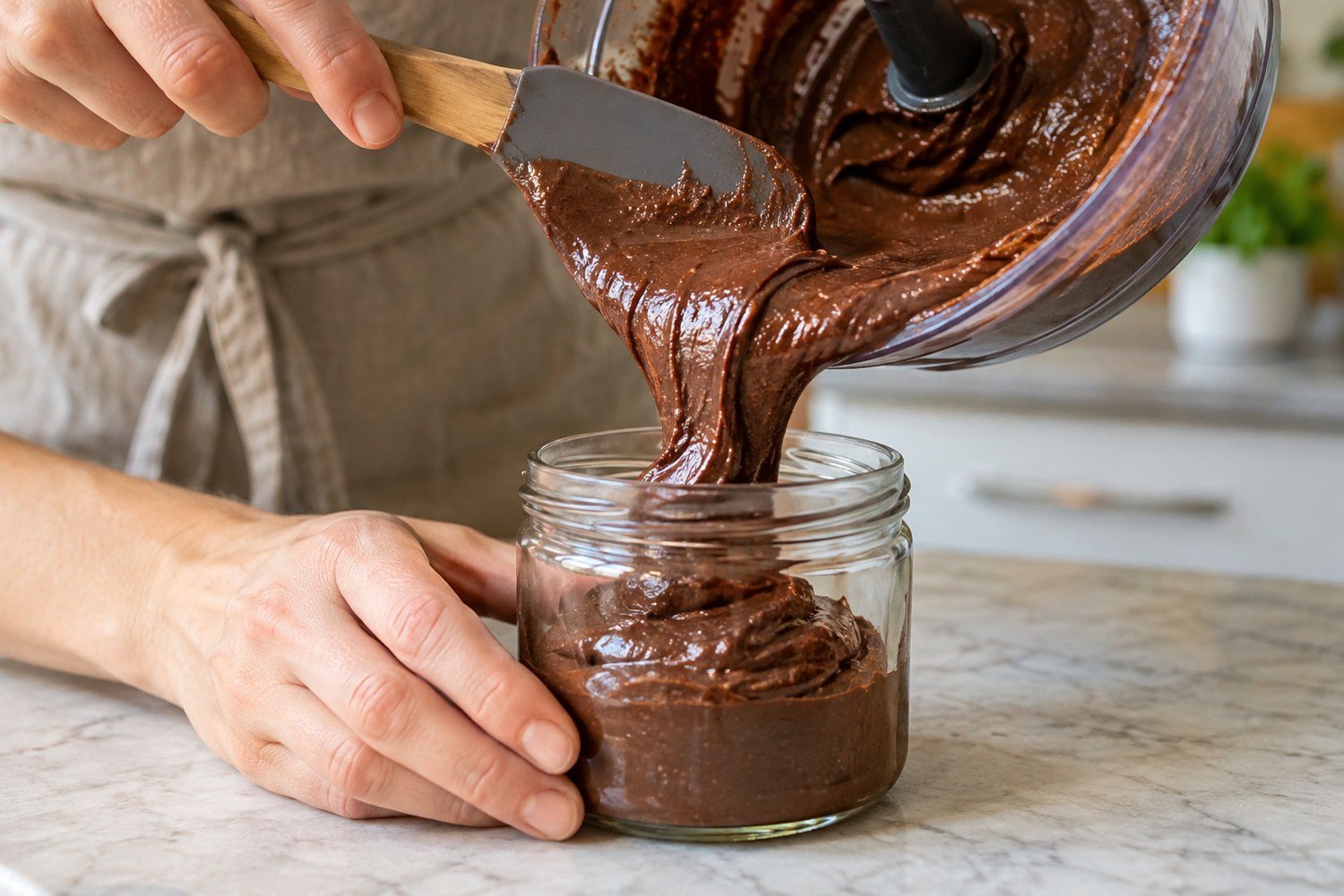 Una spatola trasferisce la crema di nocciole e cacao dal robot a un vasetto di vetro aperto