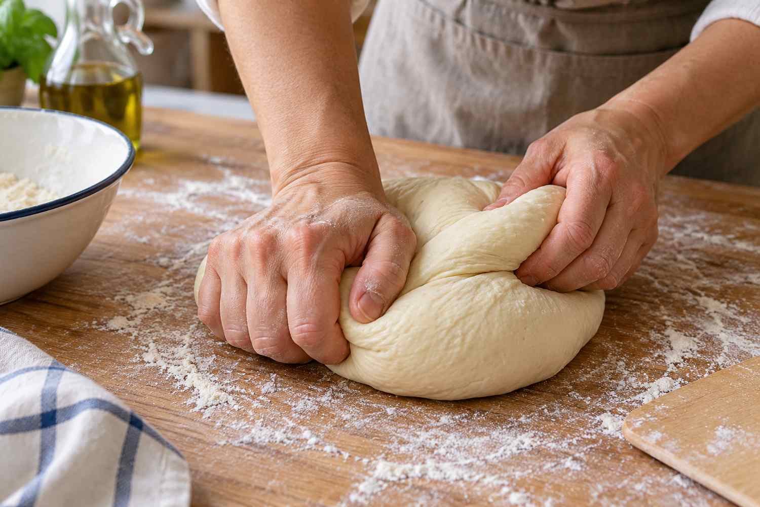Due mani lavorano un impasto chiaro e morbido sul piano leggermente infarinato