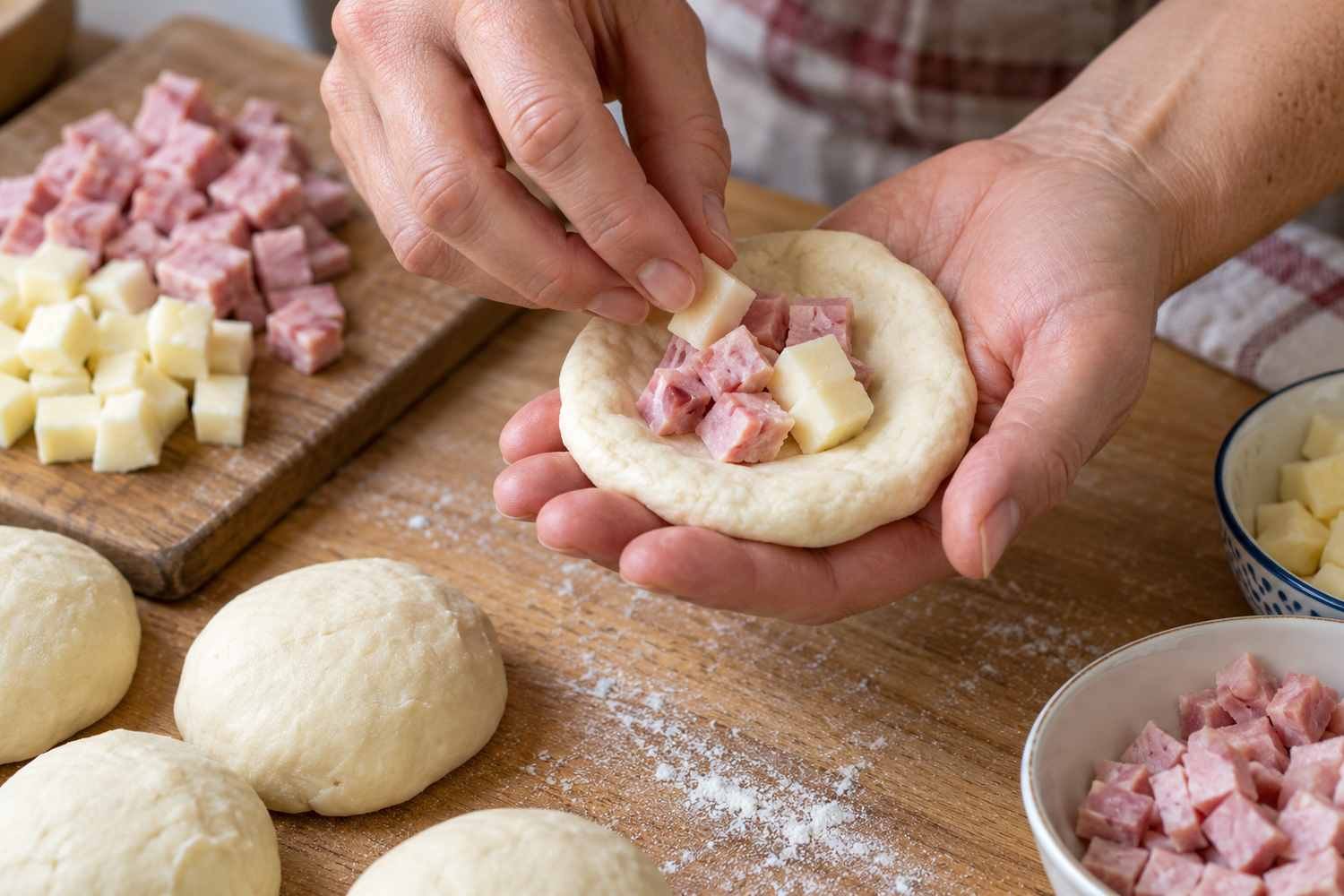 Una persona mette piccoli cubetti di prosciutto cotto e provola al centro di un disco di pasta