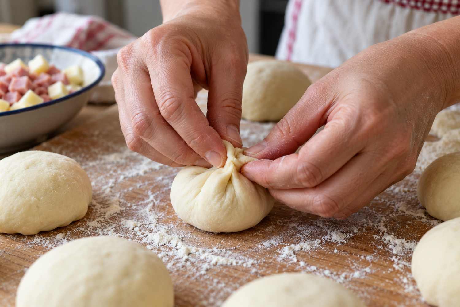Le dita pizzicano i bordi della pasta per chiudere il ripieno dentro una pallina