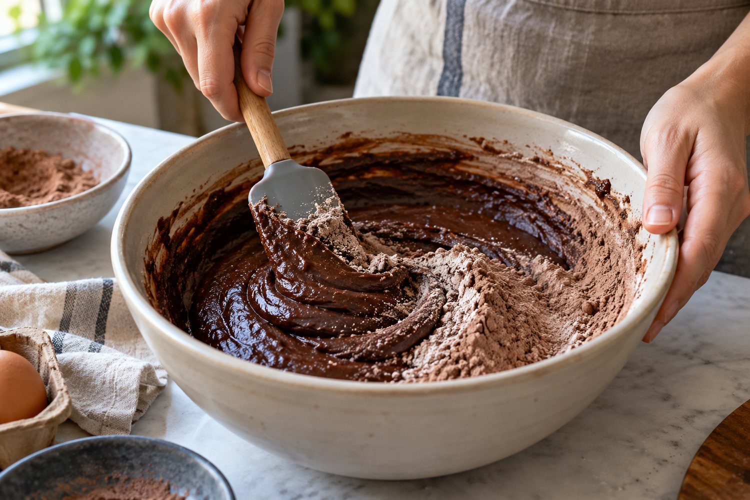 Una mano incorpora con una spatola farina e cacao setacciati in un impasto scuro al cioccolato in una grande ciotola