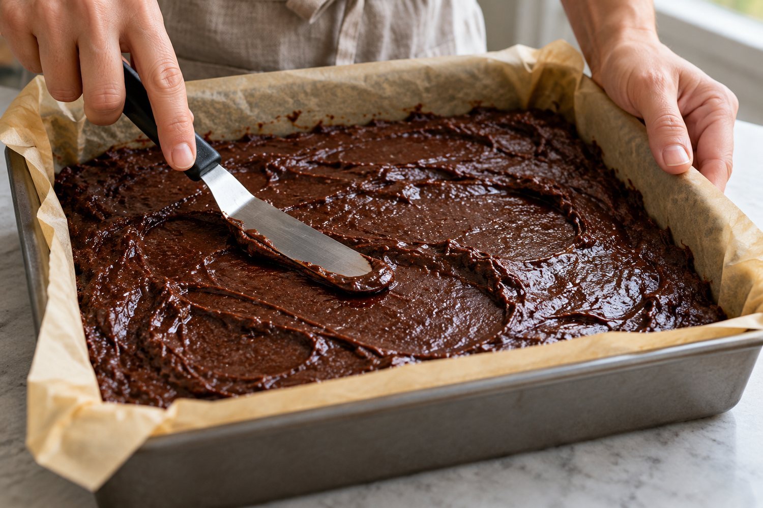 Una spatola livella l'impasto dei brownies in una teglia rettangolare rivestita di carta forno
