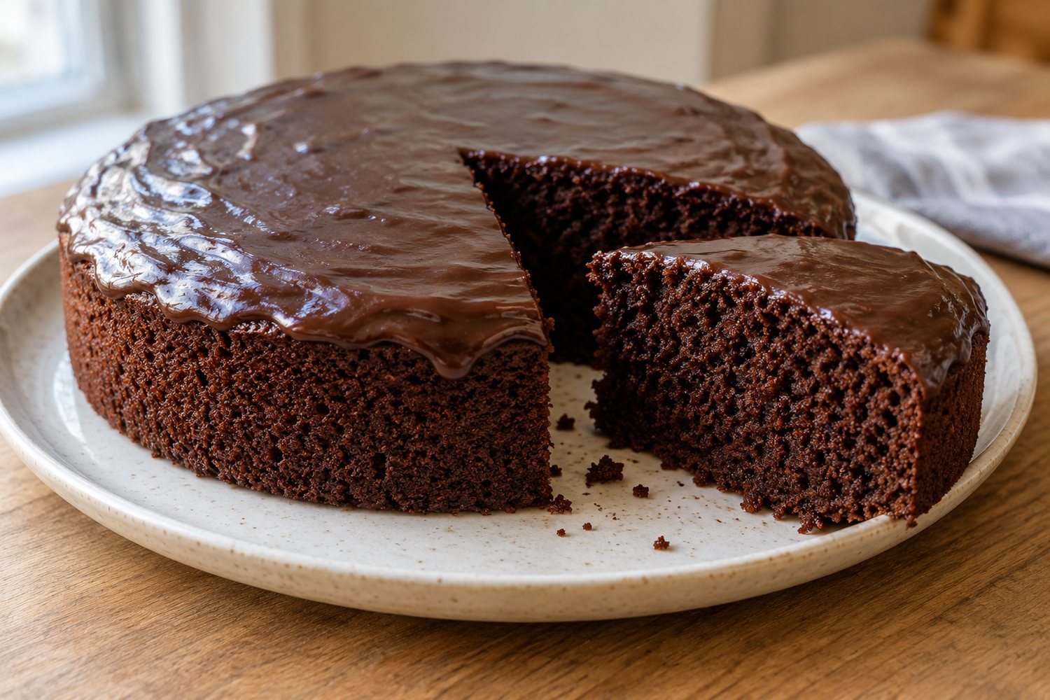 Una torta al cioccolato ricoperta di glassa lucida su un piatto, con una fetta tagliata che mostra la mollica scura e soffice