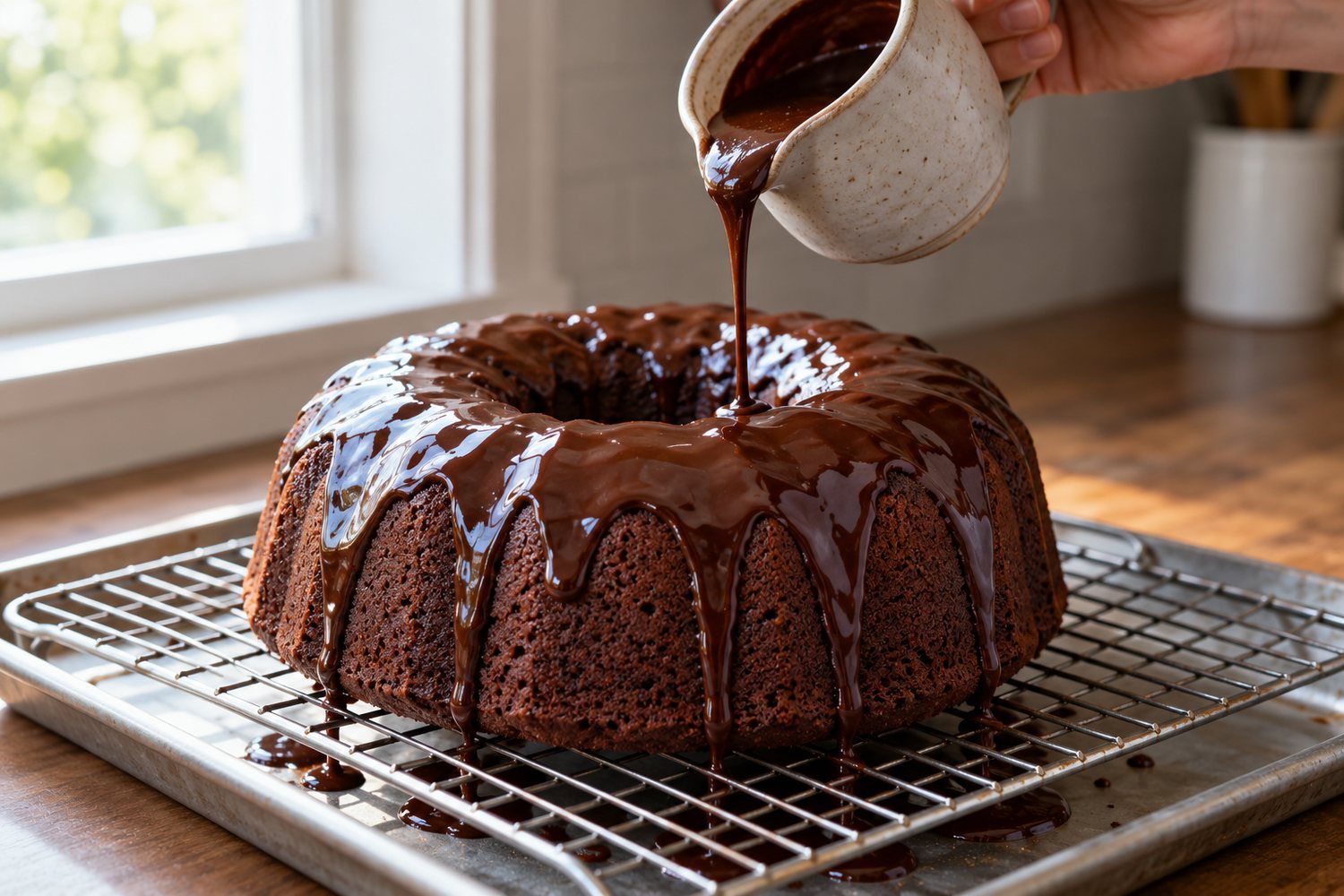 Una mano versa glassa al cioccolato da una brocca su una ciambella al cacao appoggiata su una griglia