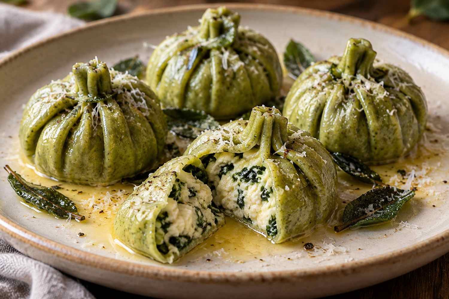 Fagottini di pasta verde a forma di zucca: ripieni facili e gustosi
