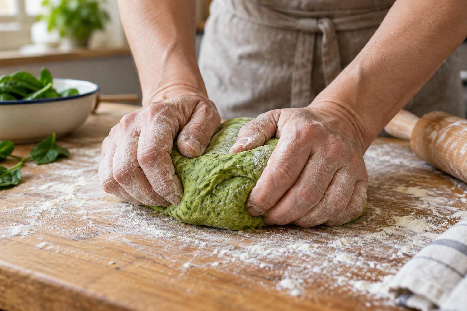 Due mani impastano un panetto di pasta verde su una spianatoia di legno cosparsa di farina