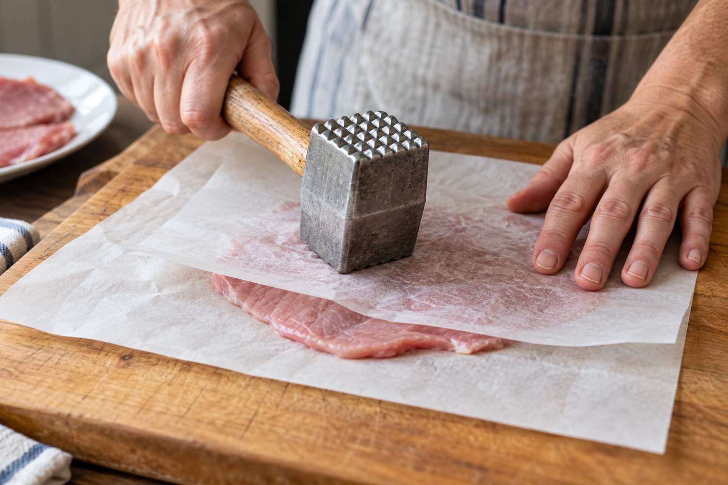 Un batticarne in metallo appiattisce una fettina di carne rosata posta tra due fogli di carta da forno su un tagliere