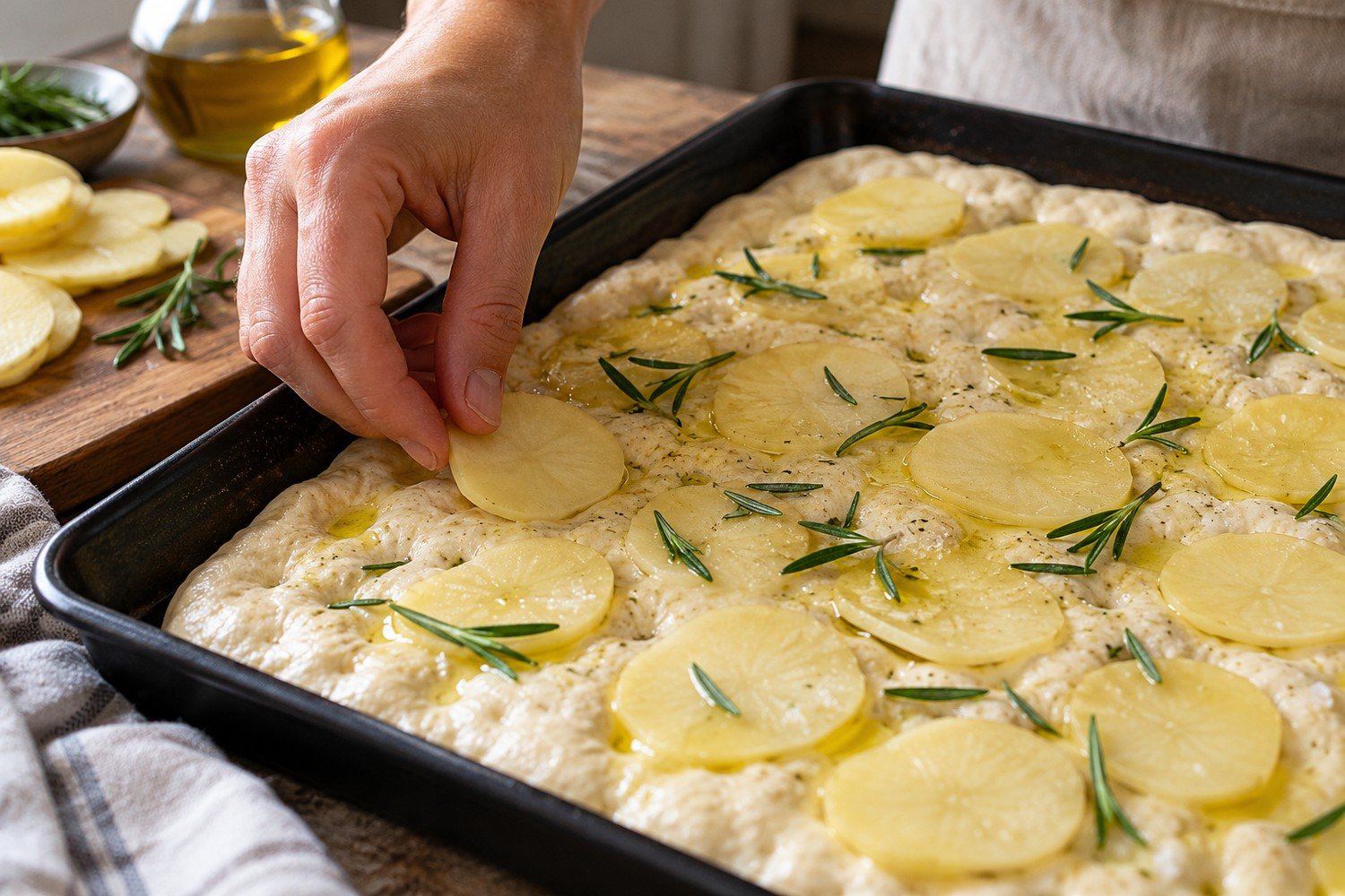 Una mano distribuisce fettine sottili di patata e aghi di rosmarino sulla focaccia cruda