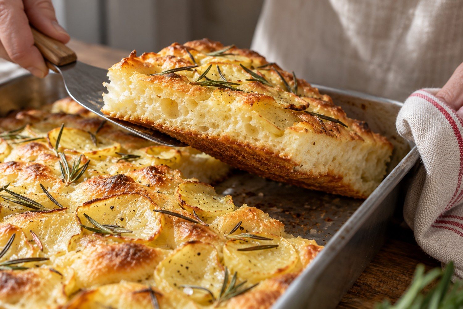 Una paletta solleva il bordo di una focaccia cotta mostrando il fondo dorato e croccante