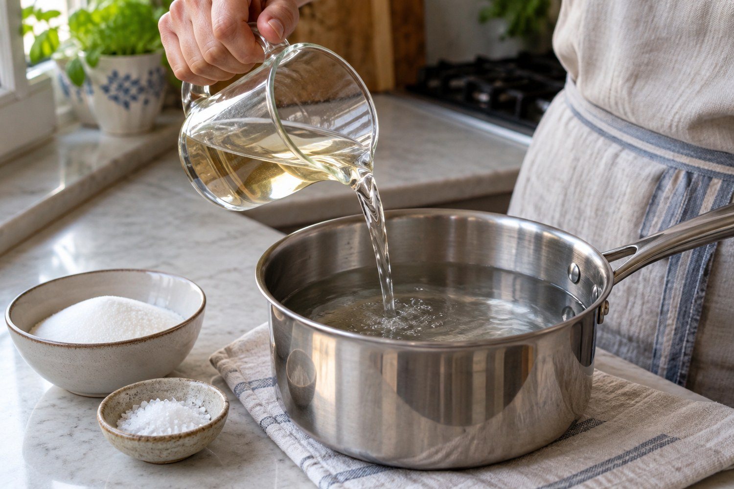 Aceto di vino bianco versato in un pentolino d'acqua, con ciotoline di zucchero e sale accanto