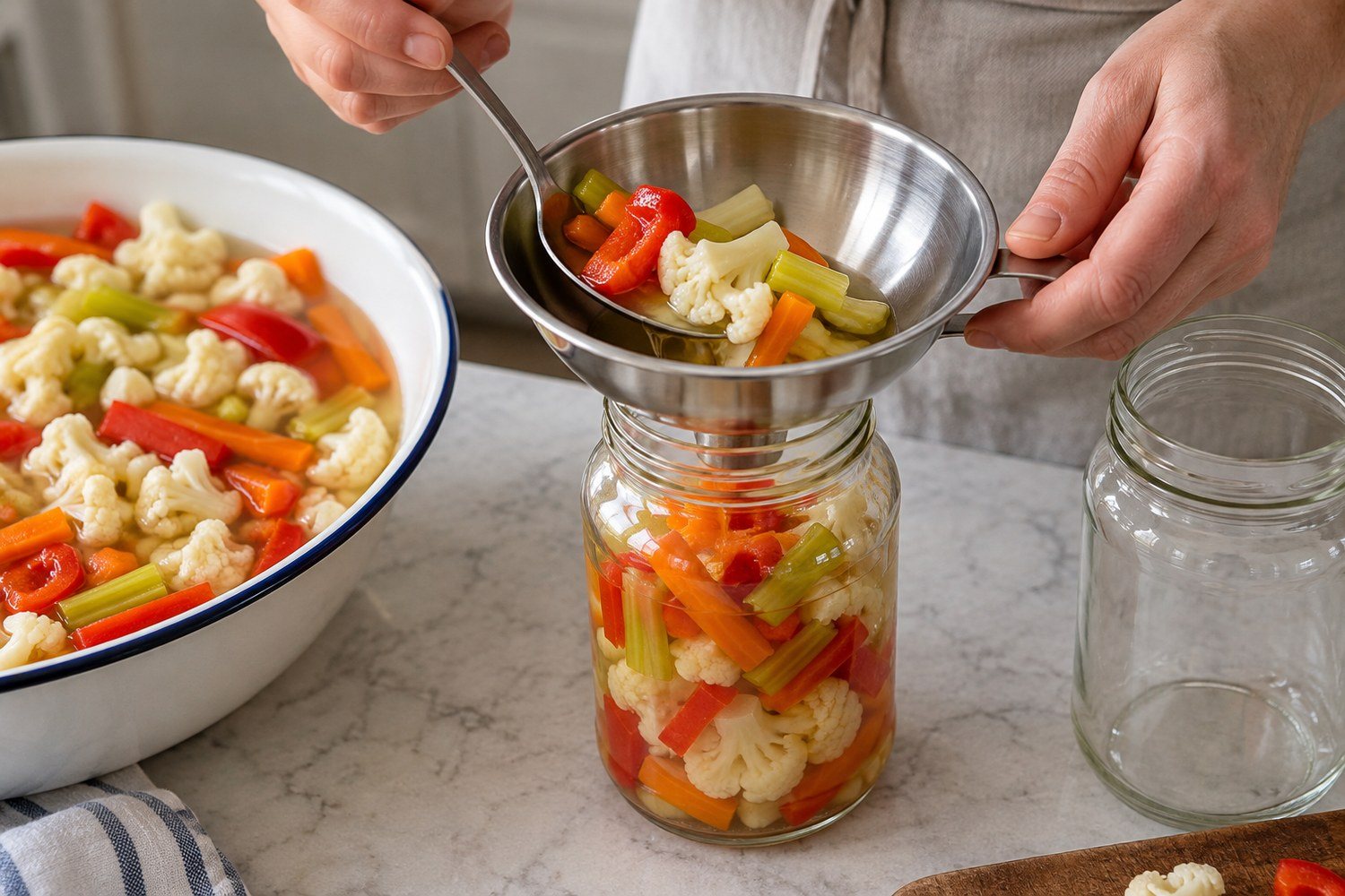 Verdure cotte versate con un cucchiaio e un imbuto in un vasetto di vetro aperto insieme al liquido agrodolce