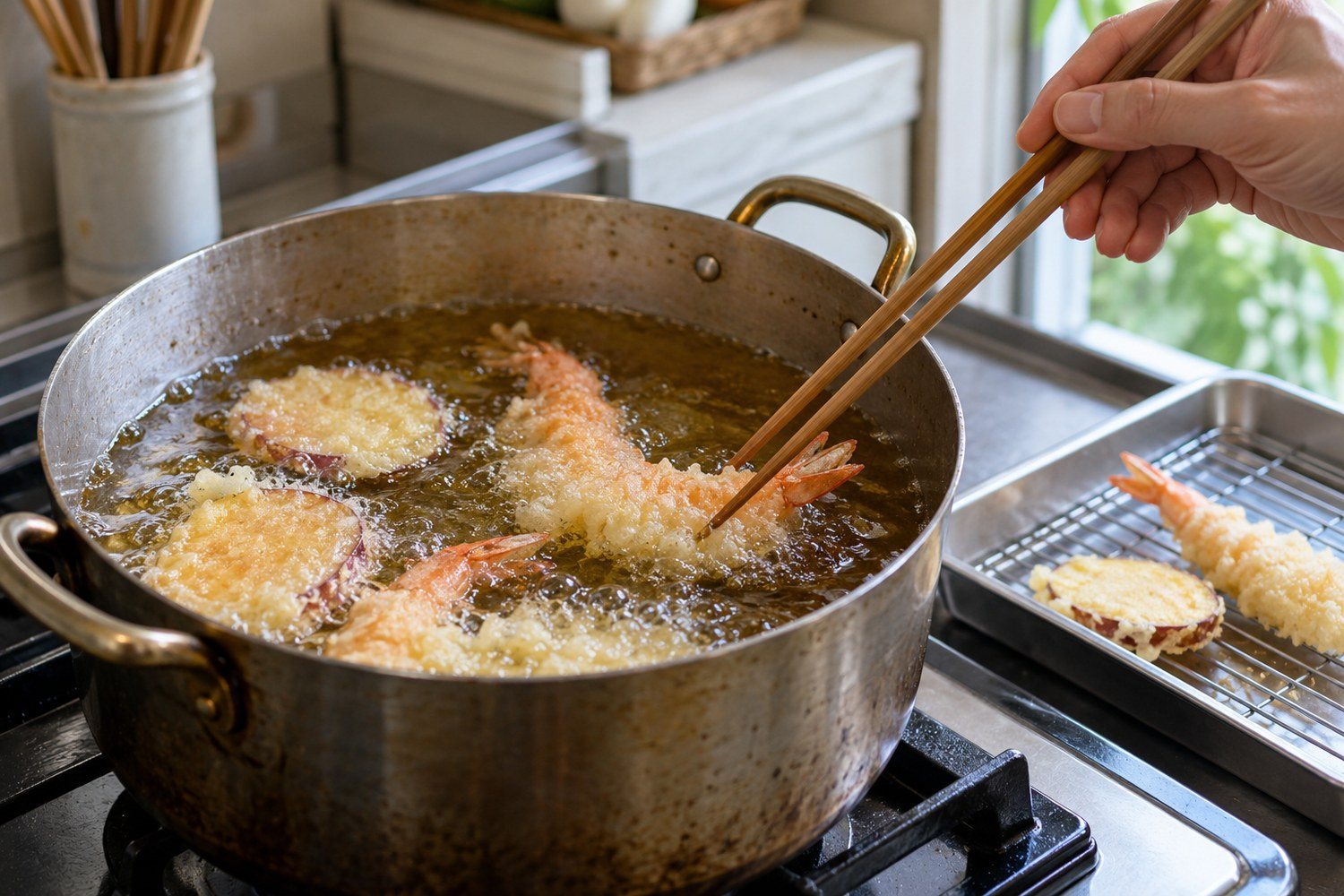 Gamberi e fettine di patata dolce friggono nell'olio in piccola quantità mentre una mano li gira con lunghe bacchette
