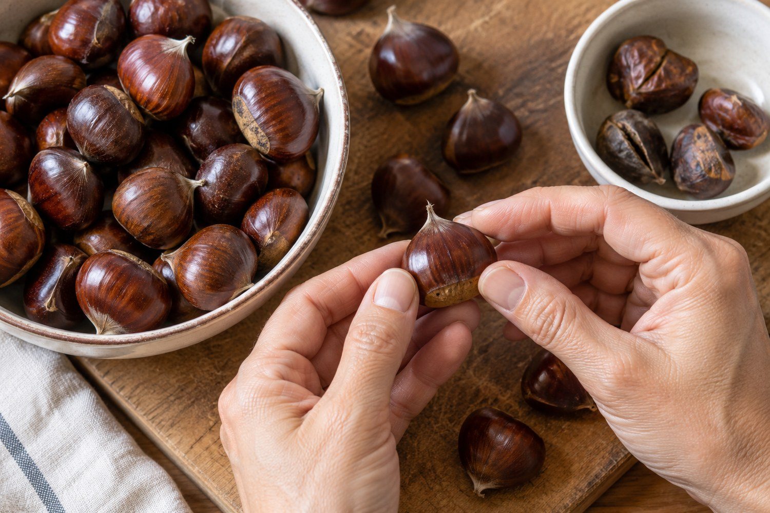 Due mani esaminano una castagna lucida sopra un tagliere, accanto a una ciotola di castagne buone e a una ciotolina con castagne scure e rovinate