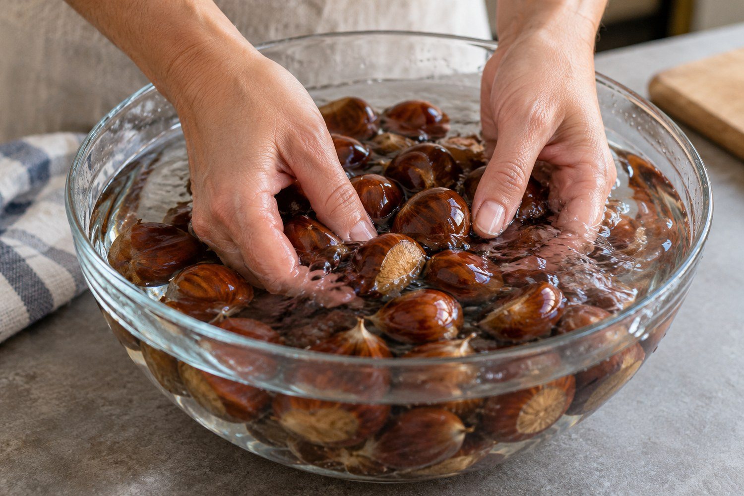 Due mani muovono castagne immerse nell'acqua in una grande ciotola di vetro