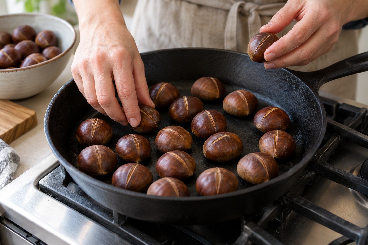 Una mano dispone castagne incise in un solo strato in una padella di ghisa nera sul fornello