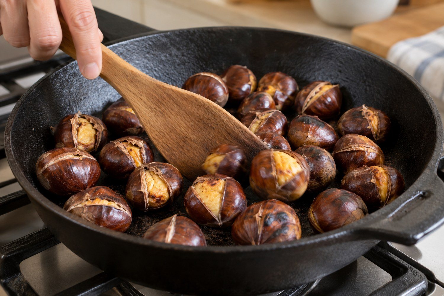 Una spatola di legno gira castagne in una padella di ghisa, con i gusci scuriti e i tagli aperti sulla polpa chiara