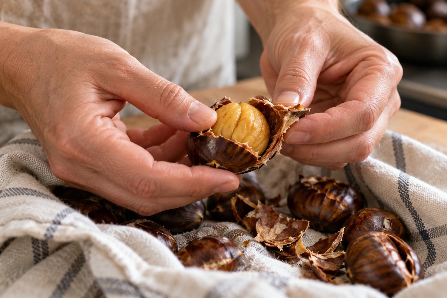 Due mani tolgono guscio e pellicina a una castagna cotta sopra un canovaccio a righe che avvolge altre castagne