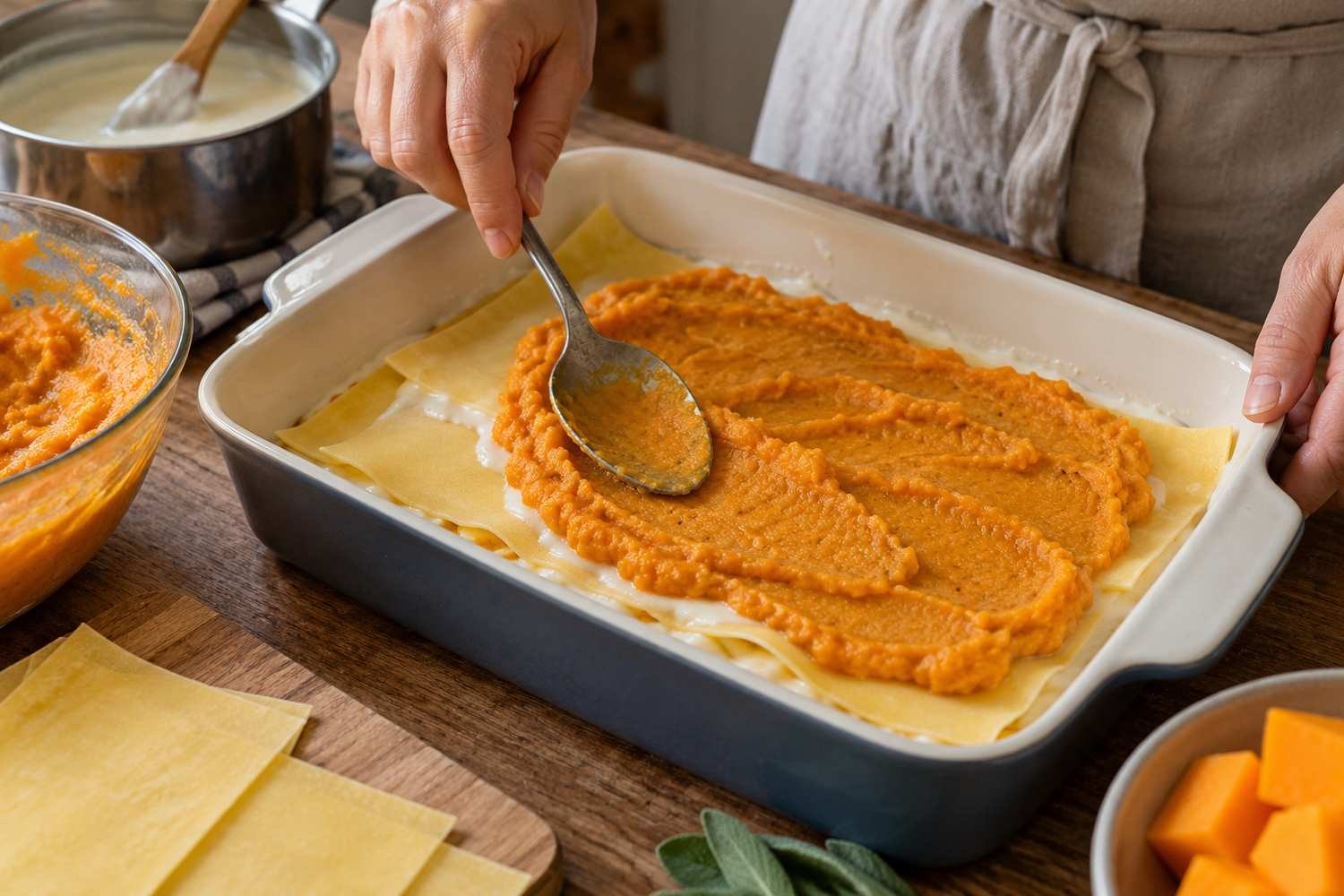 Un cucchiaio distribuisce la crema di zucca arancione sulle sfoglie di lasagna dentro una pirofila