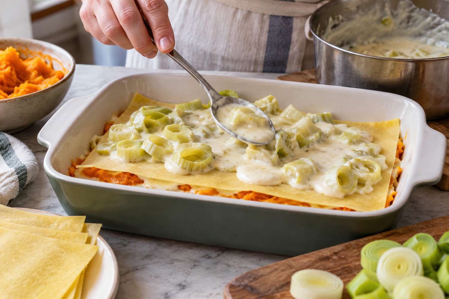 Una mano distribuisce porri stufati e besciamella tra gli strati delle lasagne