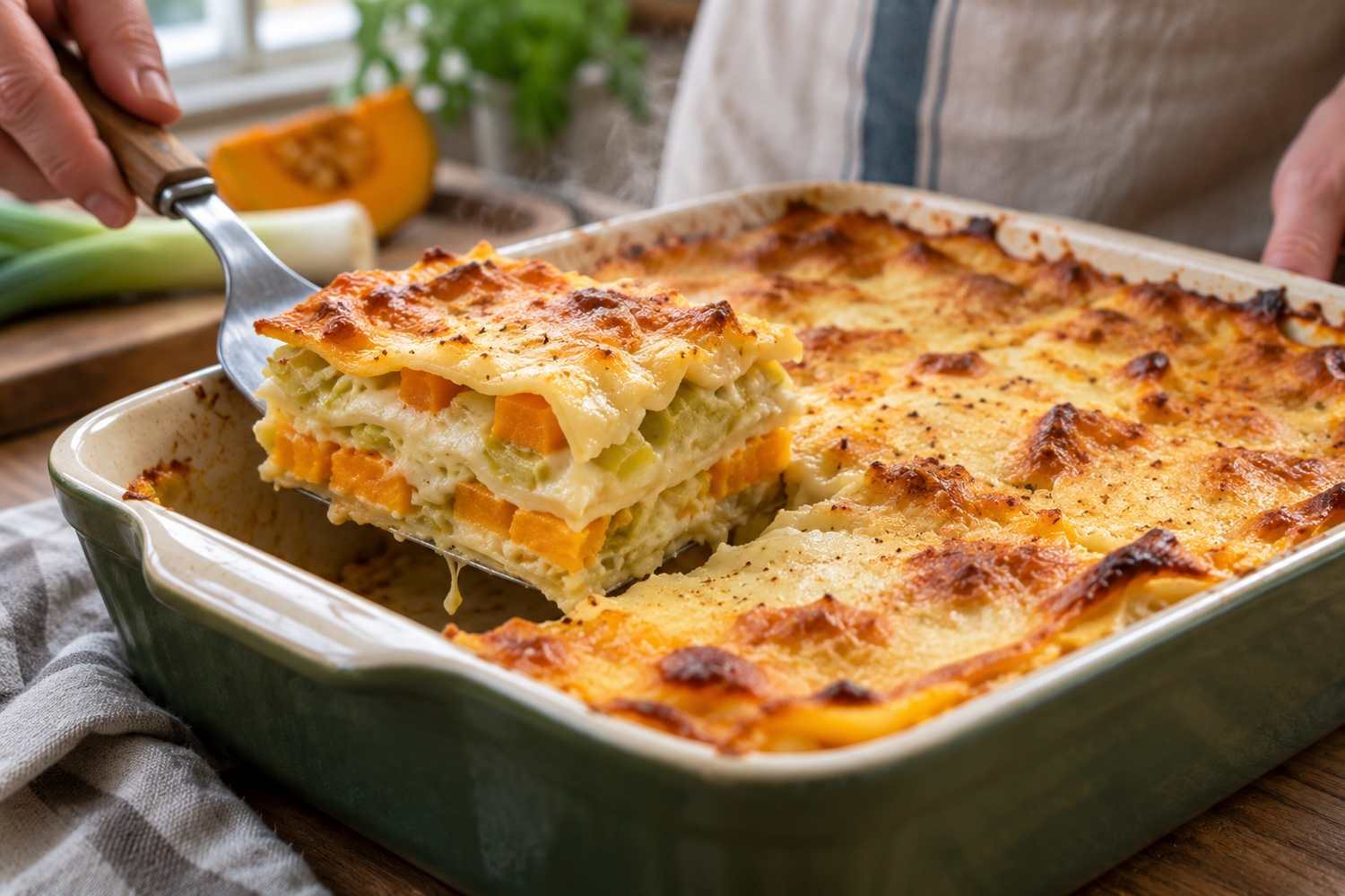 Una spatola solleva un angolo delle lasagne appena cotte mostrando gli strati arancioni di zucca e quelli chiari di porri