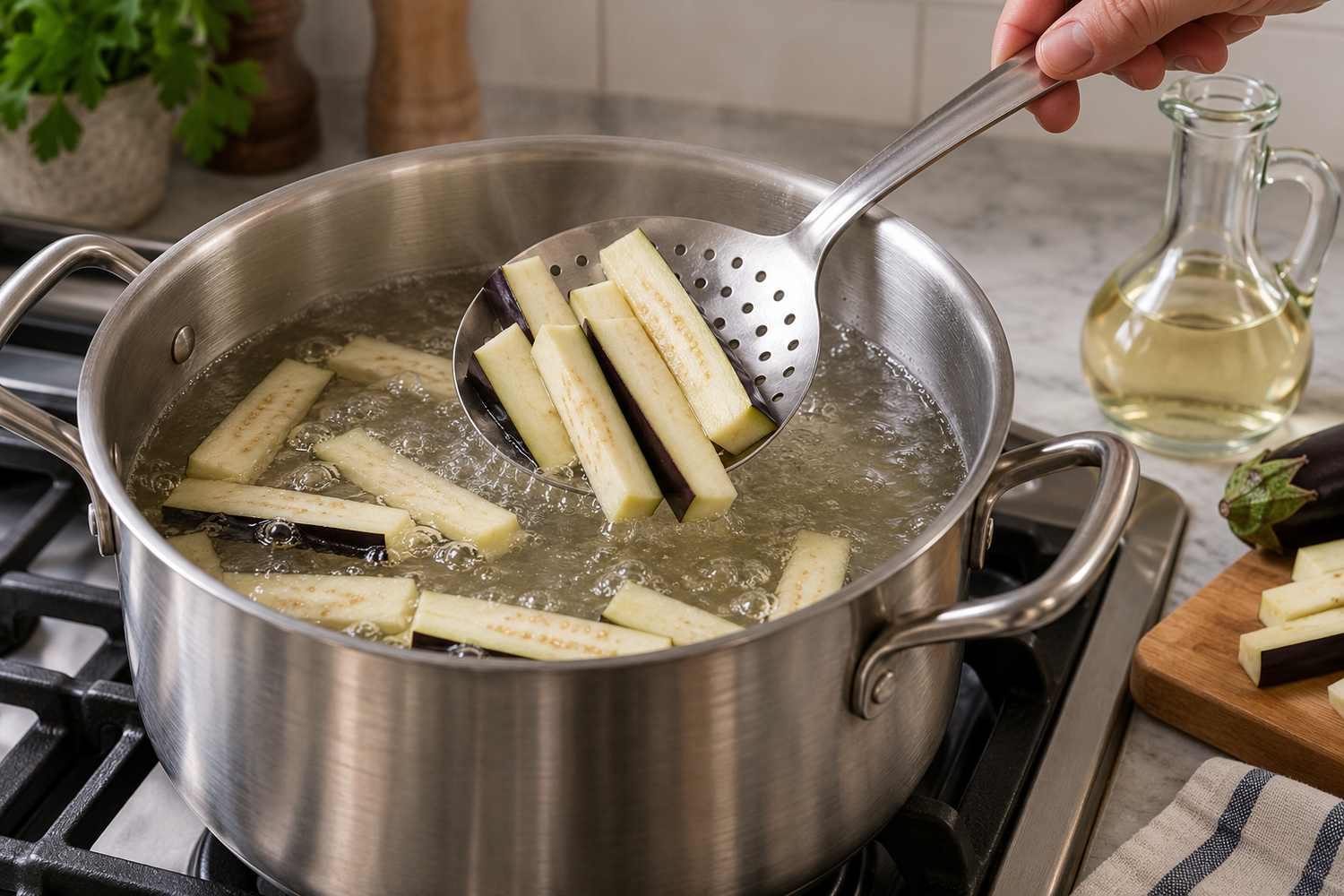 Listarelle di melanzana immerse in una pentola con acqua e aceto in ebollizione
