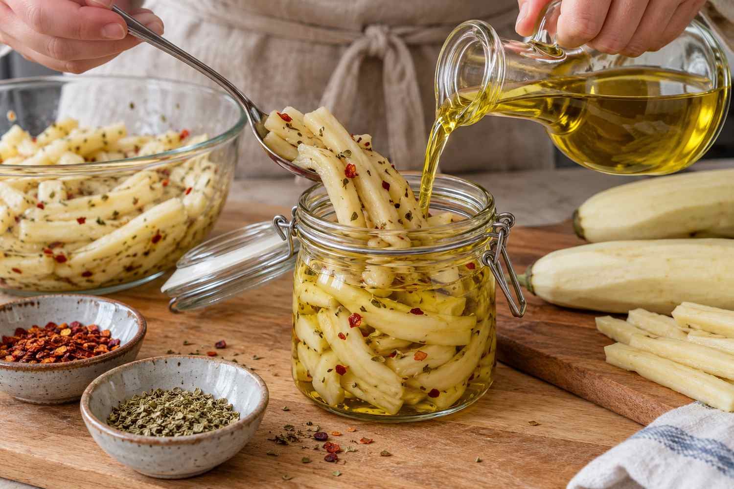 Listarelle di melanzana sistemate in un vasetto di vetro e coperte di olio