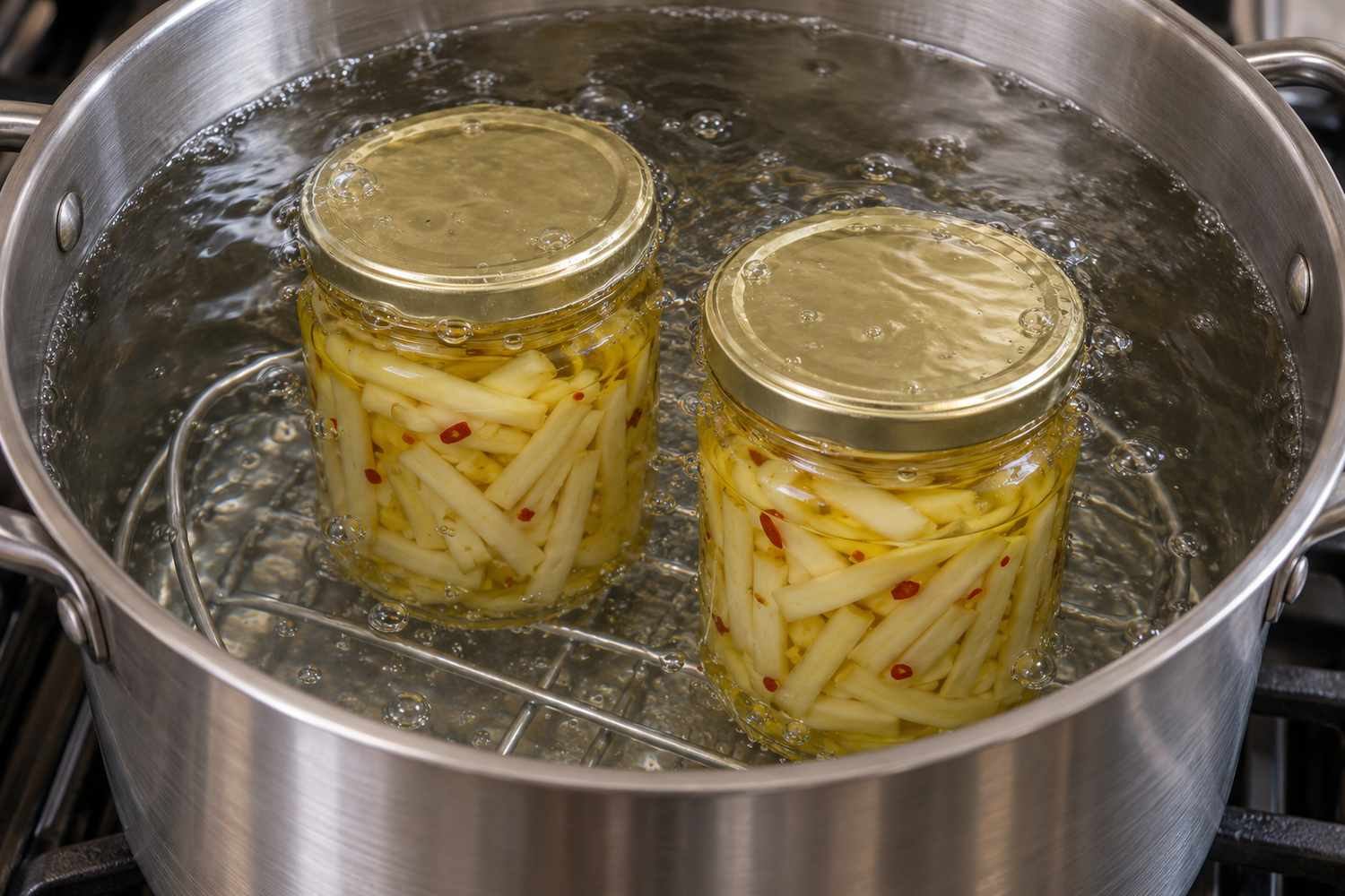 Vasetti chiusi di melanzane sott'olio immersi completamente nell'acqua di una pentola