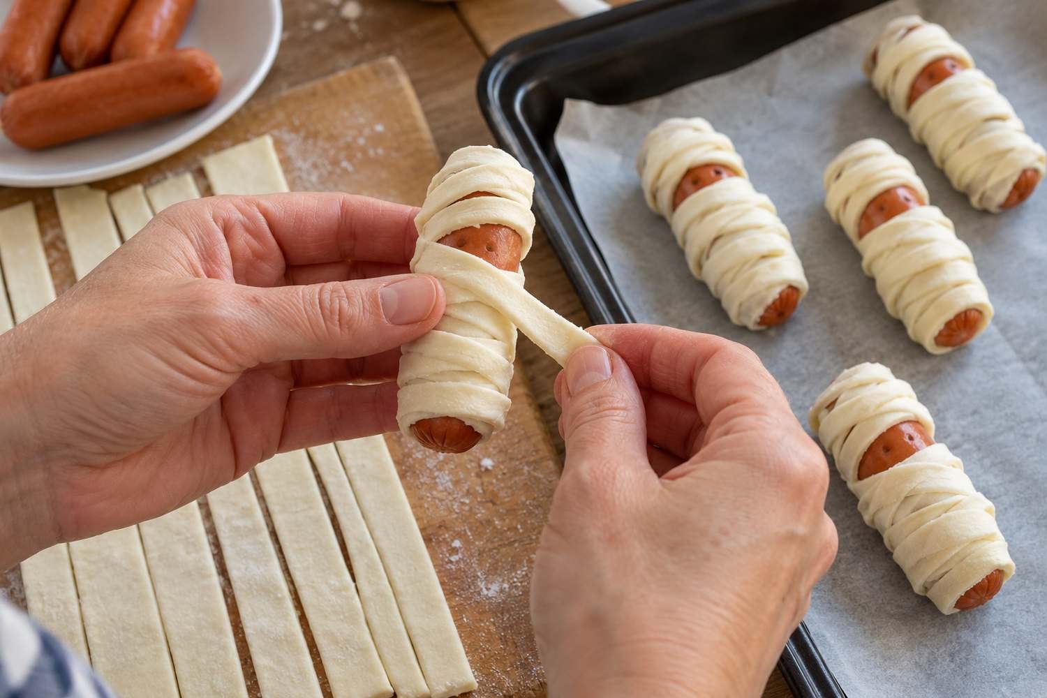 Mani che avvolgono un piccolo würstel con strisce sottili di pasta sfoglia su un piano di lavoro