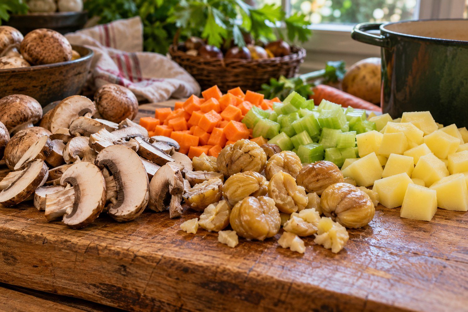 Tagliere con champignon bruni affettati, castagne cotte e pelate spezzate, carota a dadini, sedano e patata