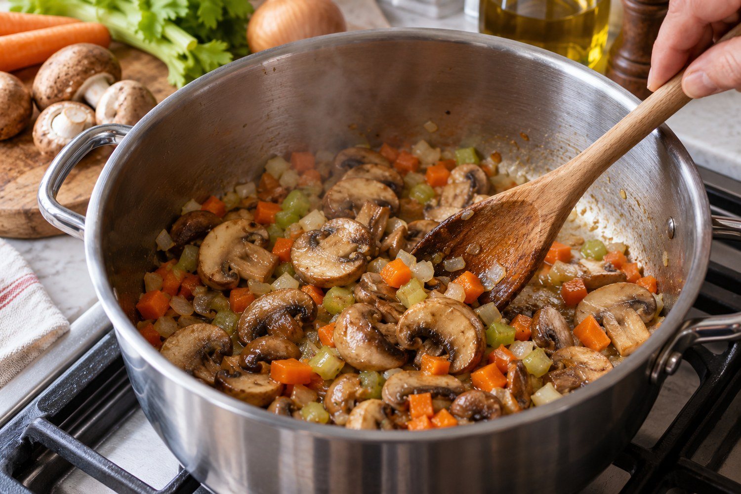 Champignon bruni affettati che rosolano con carota a dadini, sedano e cipolla in una pentola d'acciaio, girati con un cucchiaio di legno