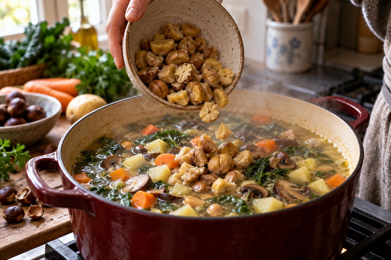 Una mano versa castagne cotte e pelate a pezzi da una ciotola in una pentola di minestrone fumante con funghi, patate e carote
